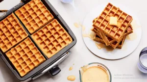 Dash waffle maker with freshly cooked waffles.