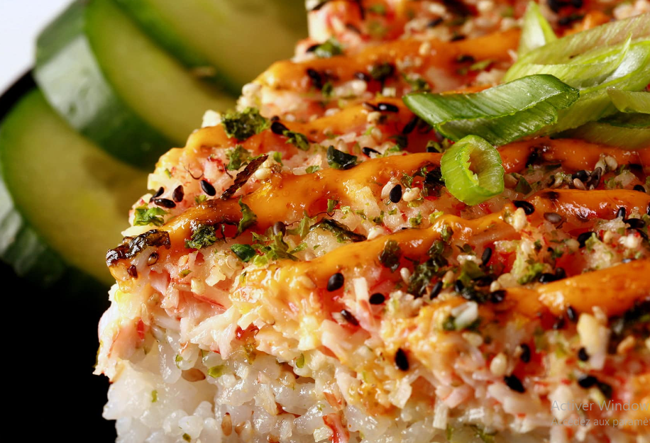 Delicious sushi bake with salmon toppings