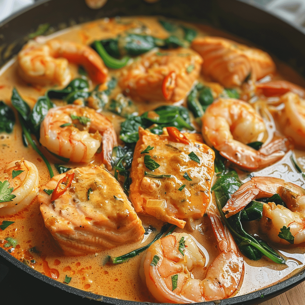 Saucy Salmon and Shrimp in Coconut Milk With Spinac