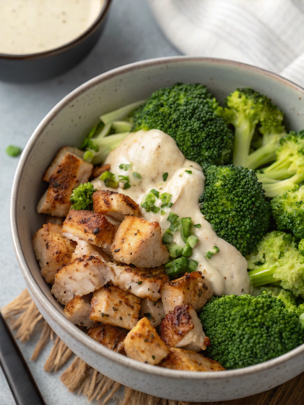 Grilled Chicken & Broccoli Bowls with Creamy Garlic Sauce