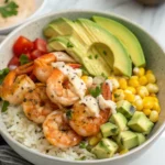 Grilled Shrimp Bowl with Avocado, Corn Salsa & Creamy Sauce