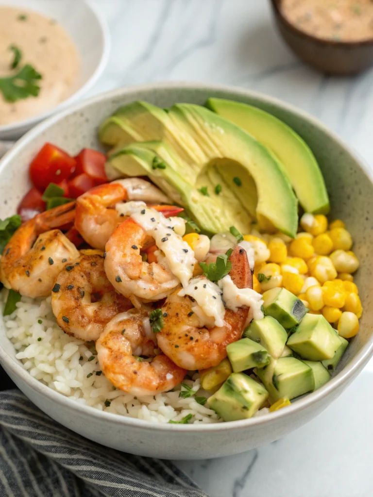 Grilled Shrimp Bowl with Avocado, Corn Salsa & Creamy Sauce