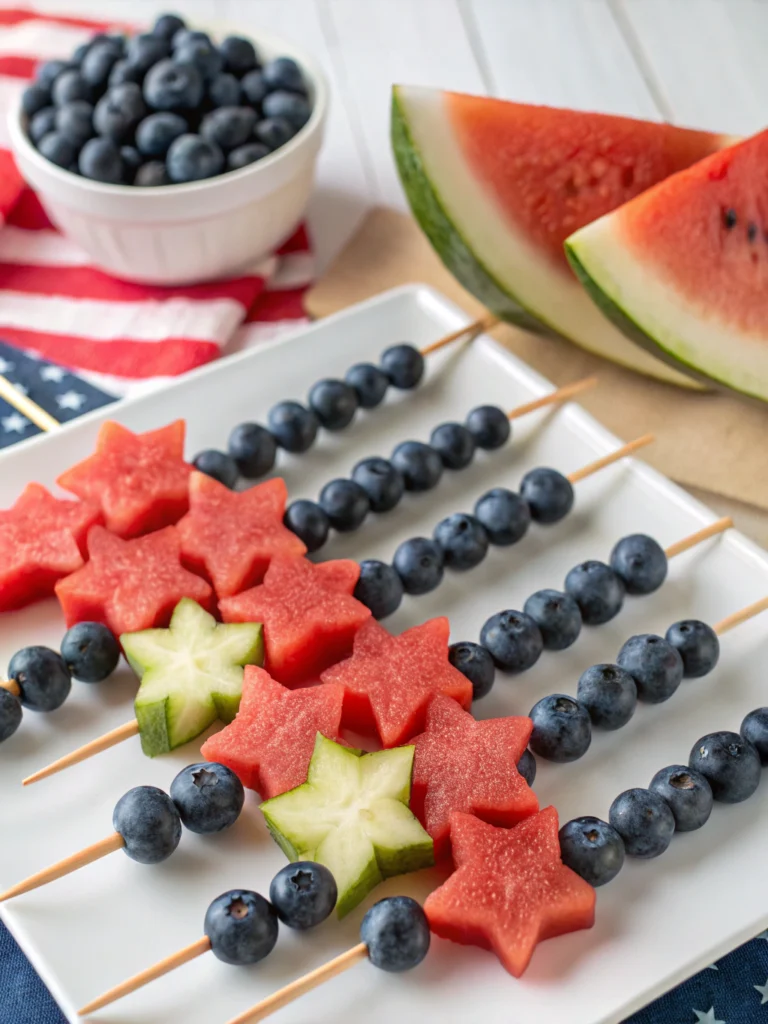 Patriotic Fruit Kabobs with Watermelon Stars and Blueberry Skewers