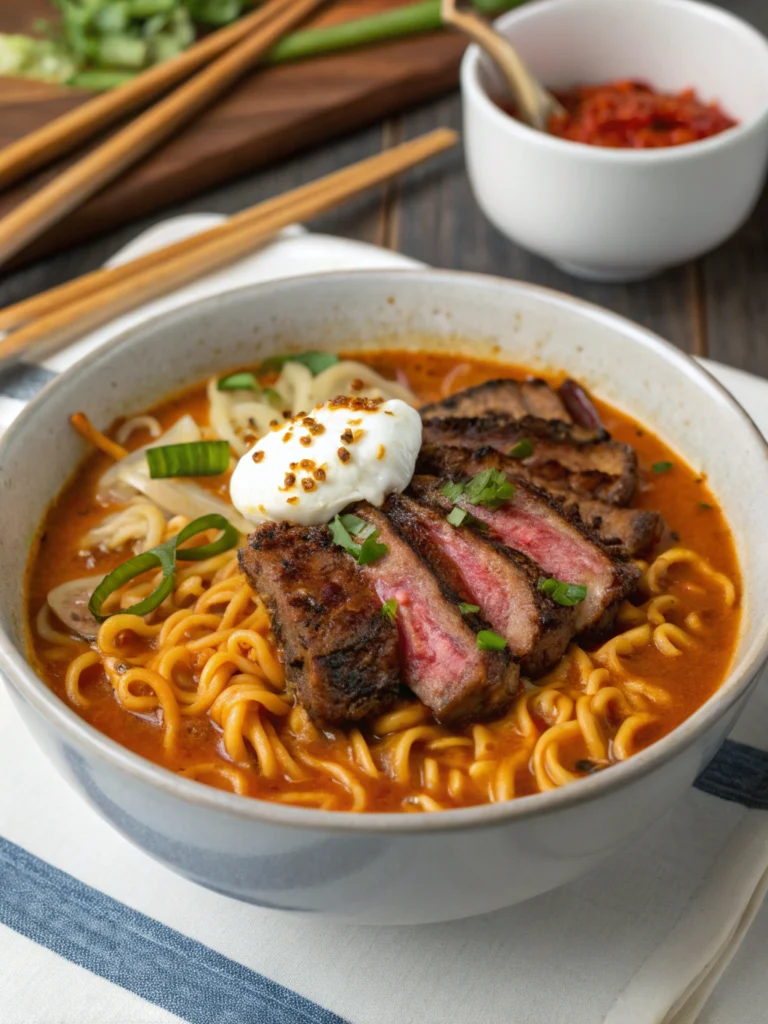 Spicy Korean Ramen with Grilled Beef & Creamy Sauce
