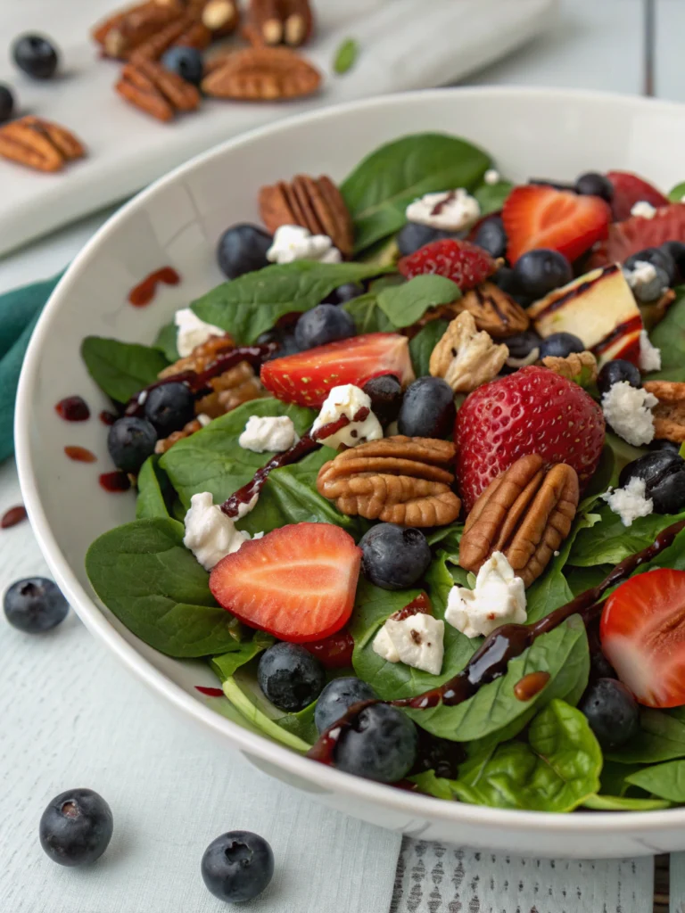Strawberry Spinach Salad with Blueberries, Pecans, Feta cheese, and a Balsamic glaze
