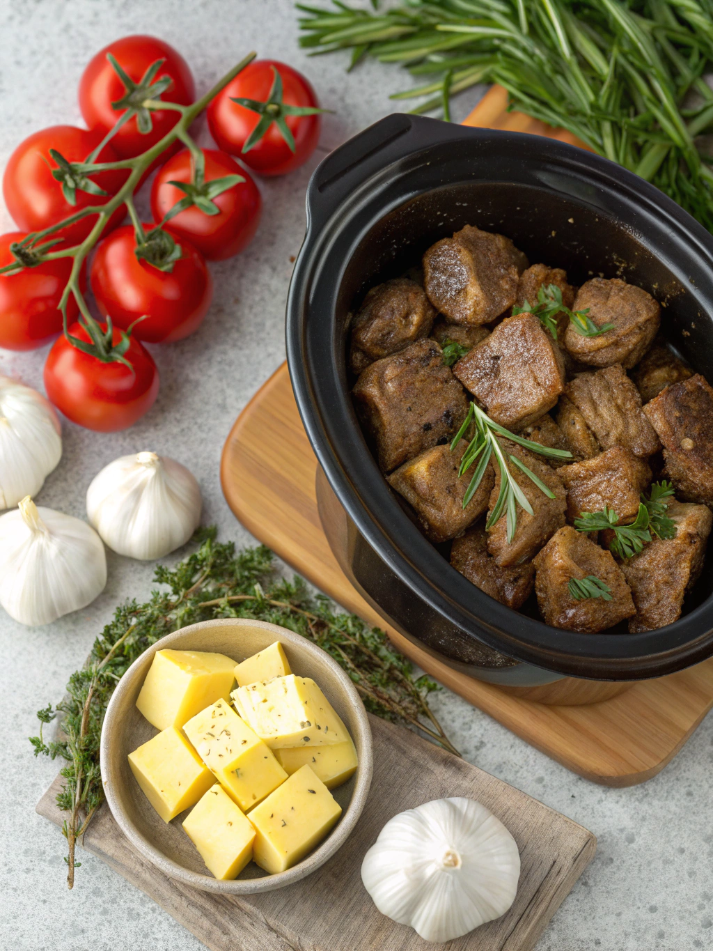 Ingredients for High Protein Slow Cooker Garlic Butter Beef Bites