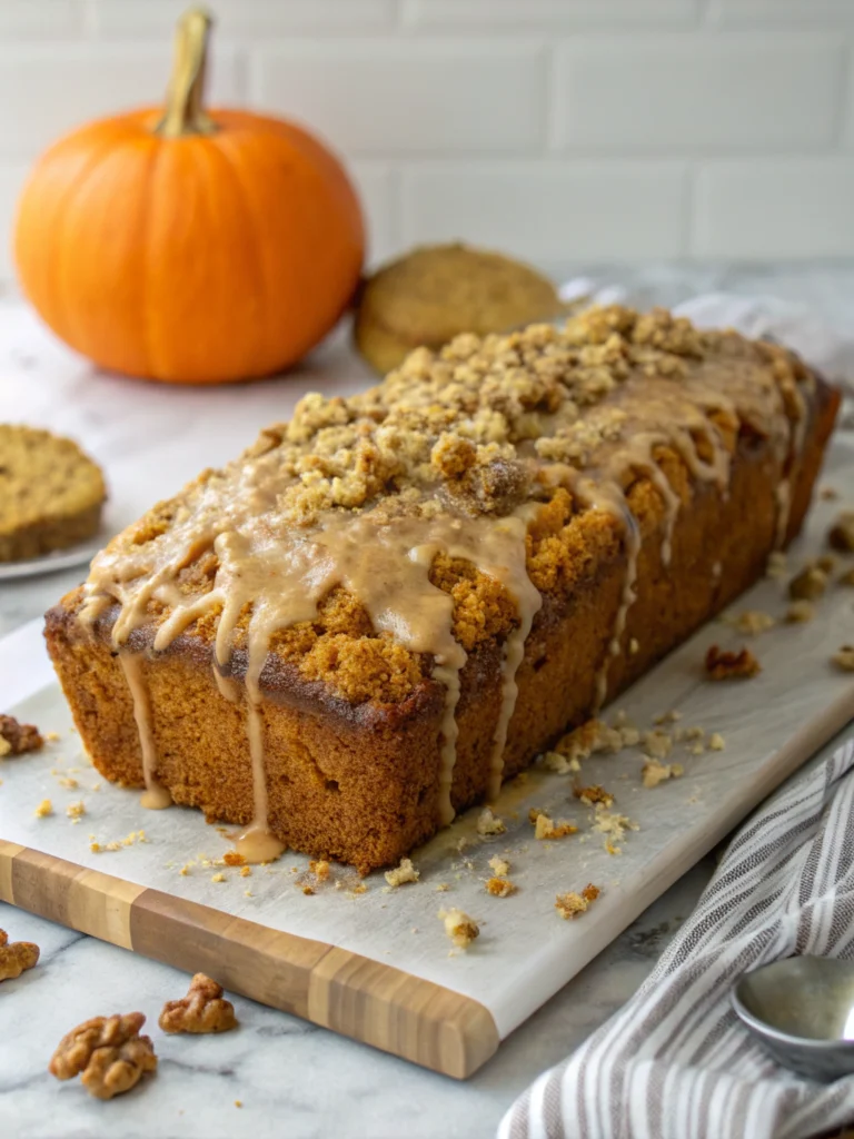 MOIST Pumpkin Bread with Streusel Topping and Maple Glaze