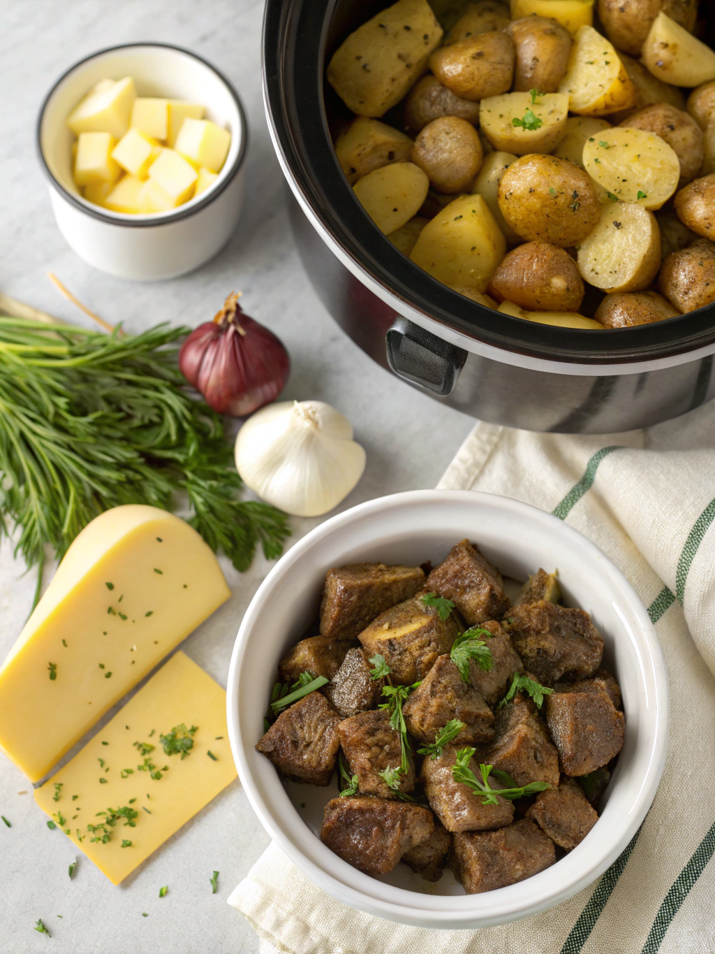 Slow Cooker Garlic Butter Beef Bites & Potatoes Ingredients