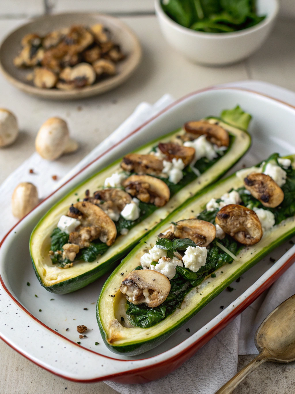 Spinach Mushroom & Ricotta Stuffed Zucchini Boats