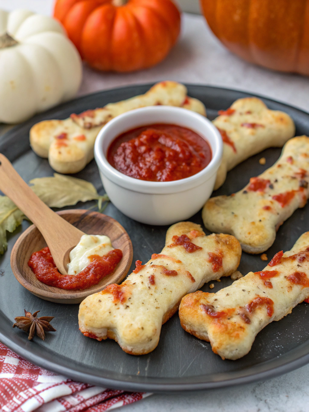 Cheesy Halloween Breadstick Bones with Marinara Blood for Dipping