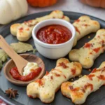 Cheesy Halloween Breadstick Bones with Marinara Blood for Dipping