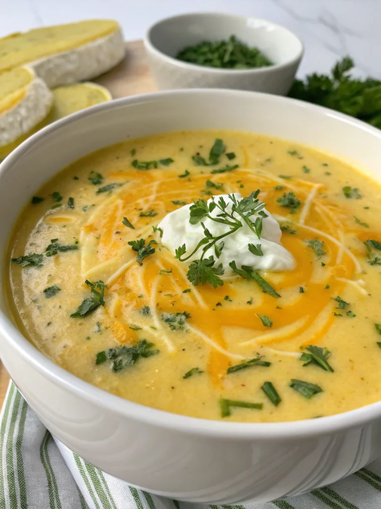 Smooth Cheddar Garlic Herb Potato Soup