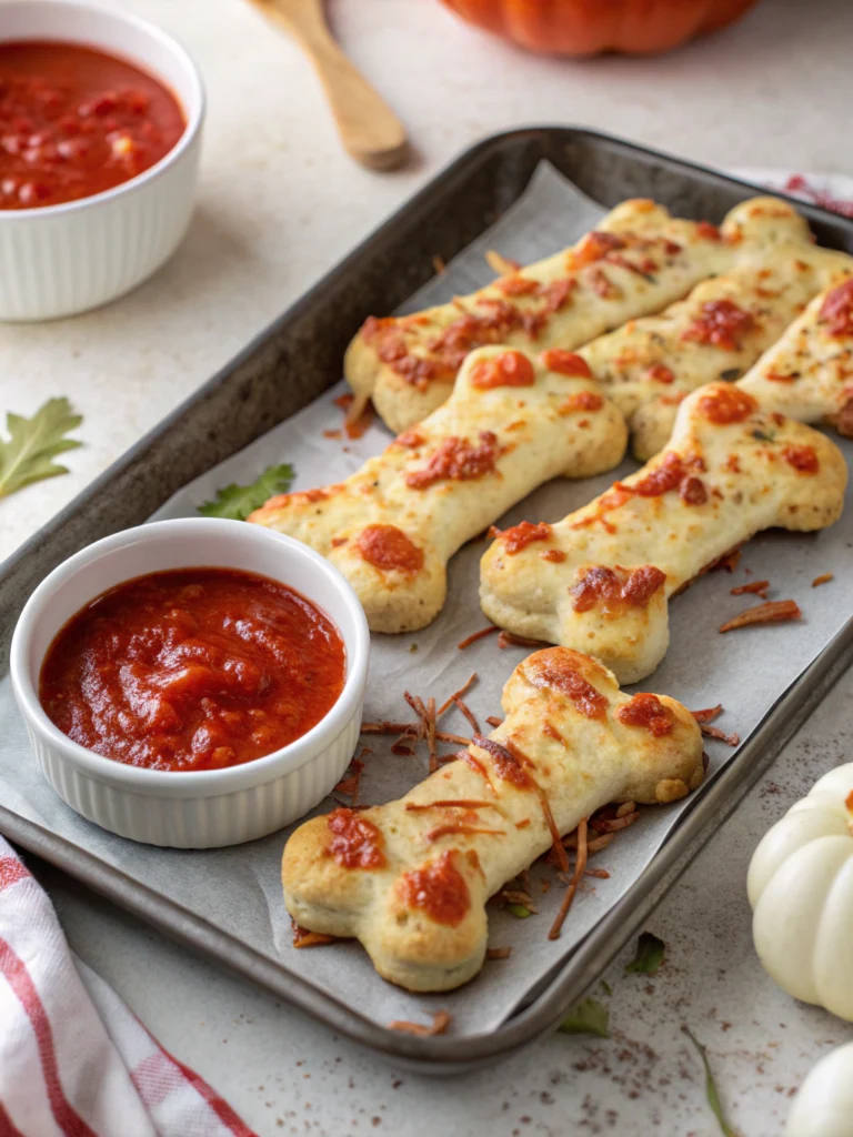 Cheesy Halloween Breadstick Bones with Marinara Blood for Dipping