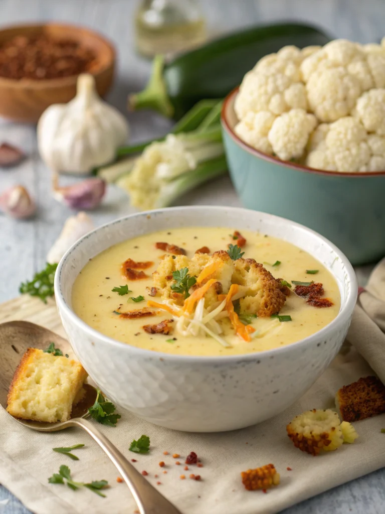Roasted Garlic Cheddar Cauliflower Soup
