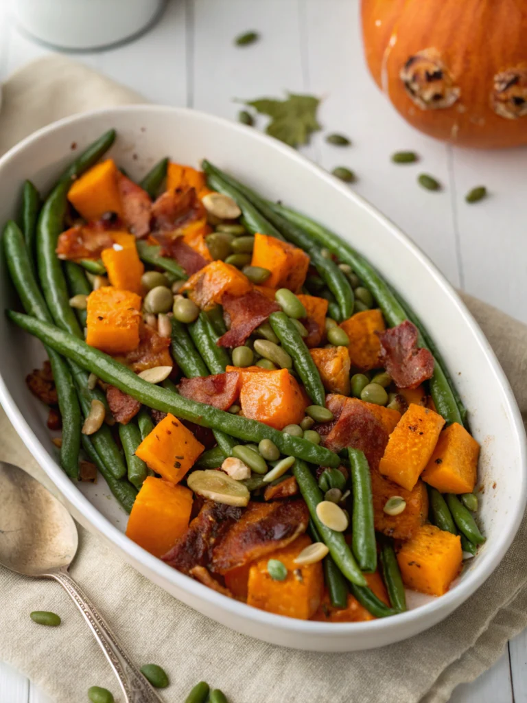 Roasted Green Beans and Butternut Squash with Bacon and Pumpkin Seeds