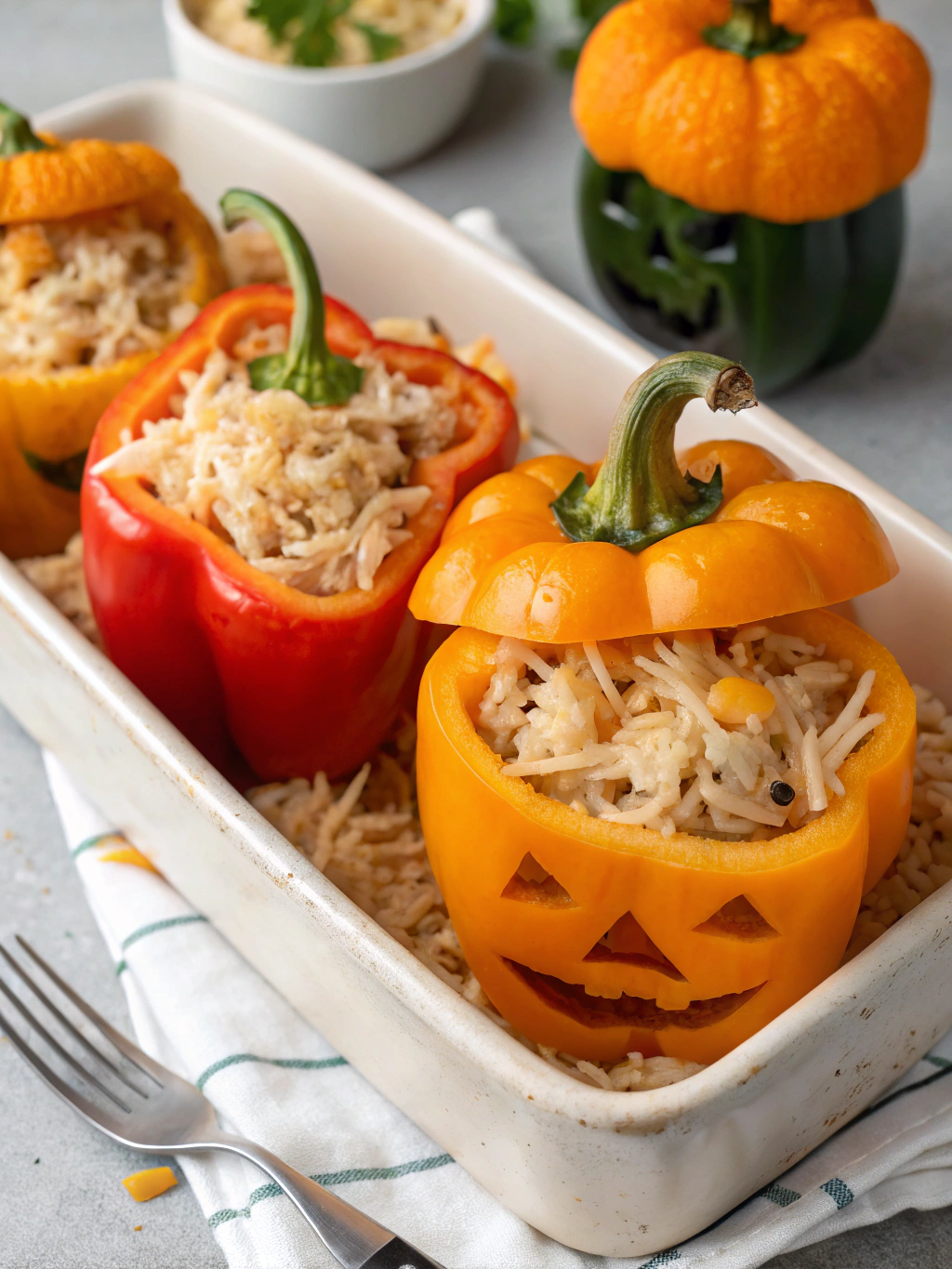SHREDDED CHICKEN & RICE STUFFED PEPPERS (HALLOWEEN STYLE)