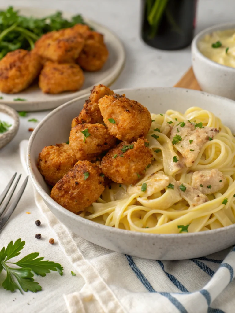 Quick Garlic Butter Chicken Bites and Creamy Pasta