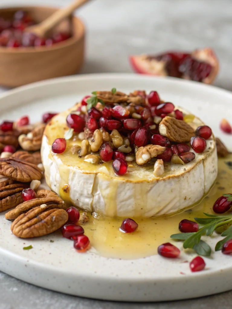 Baked brie with honey, nuts, and pomegranate