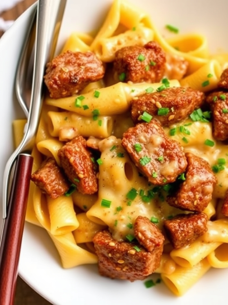 Cajun Steak Tips in Cheesy Rigatoni Parmesan Sauce