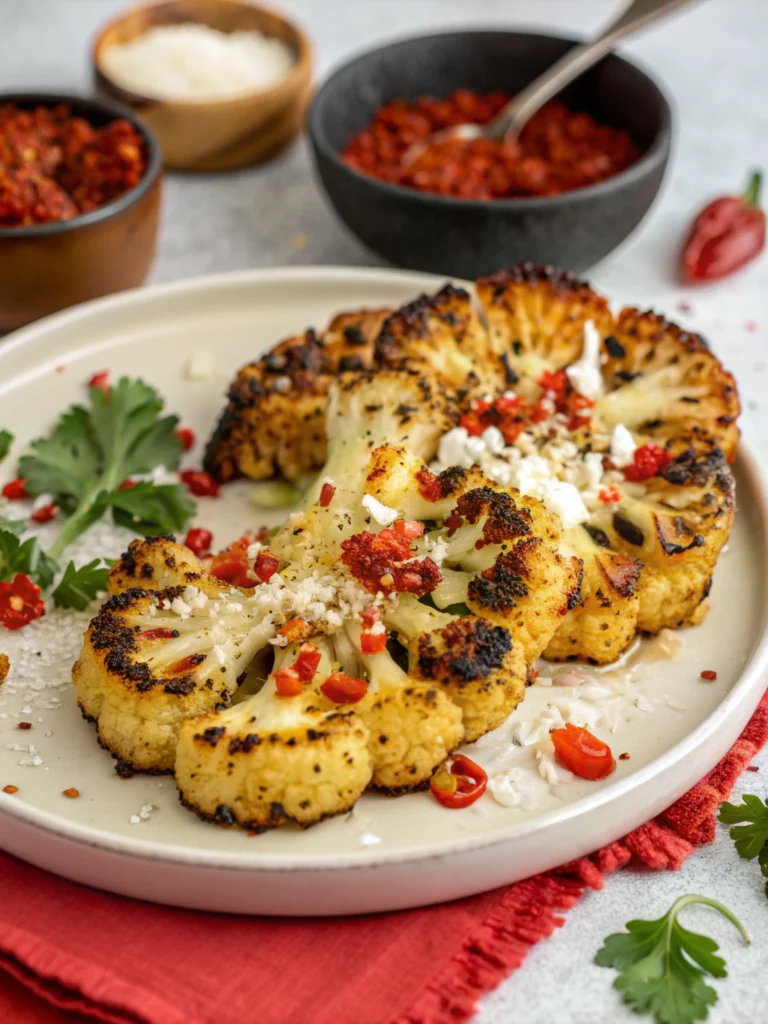 Charred cauliflower steaks with parmesan & chilli