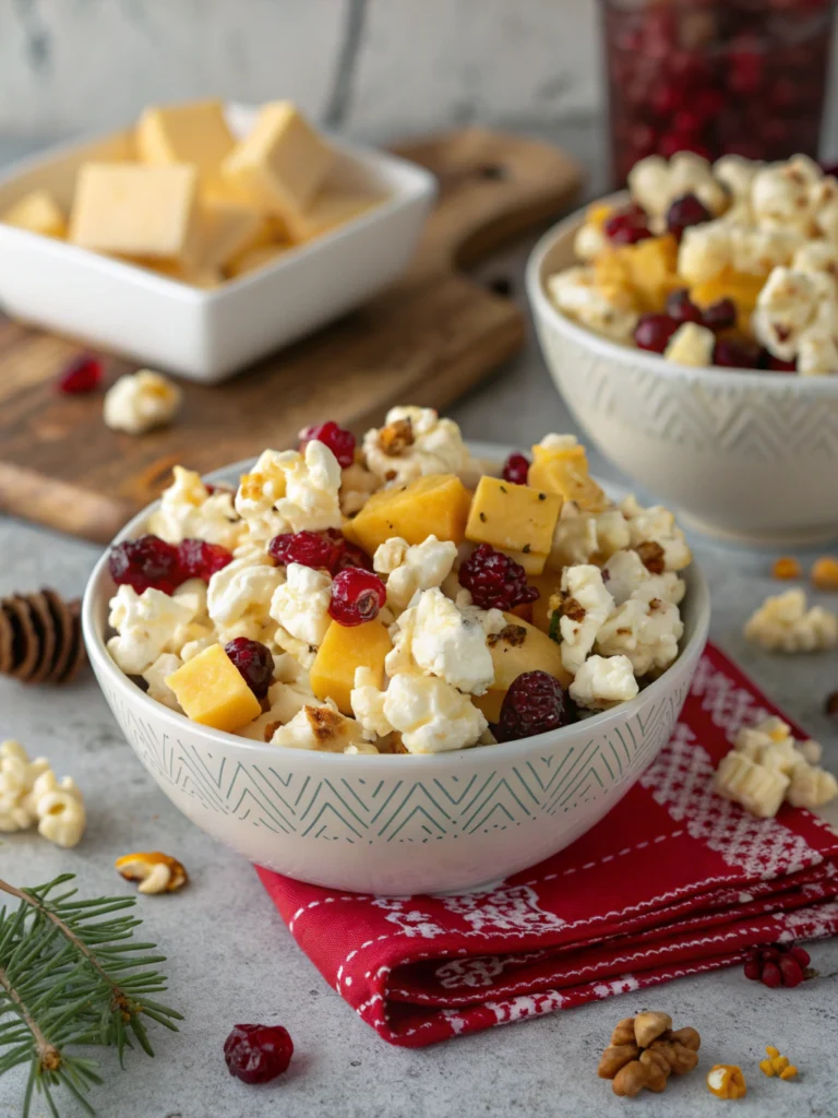 Cheese & cranberry bites (holiday-themed popcorn mix)