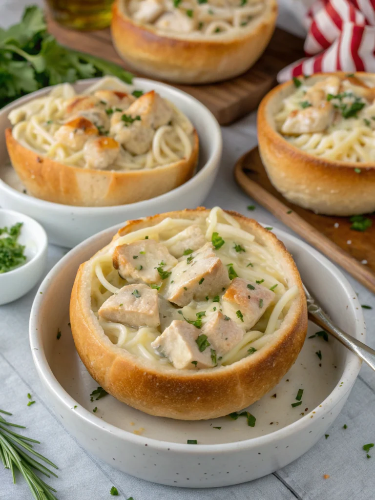 Chicken Alfredo Garlic Bread Bowls