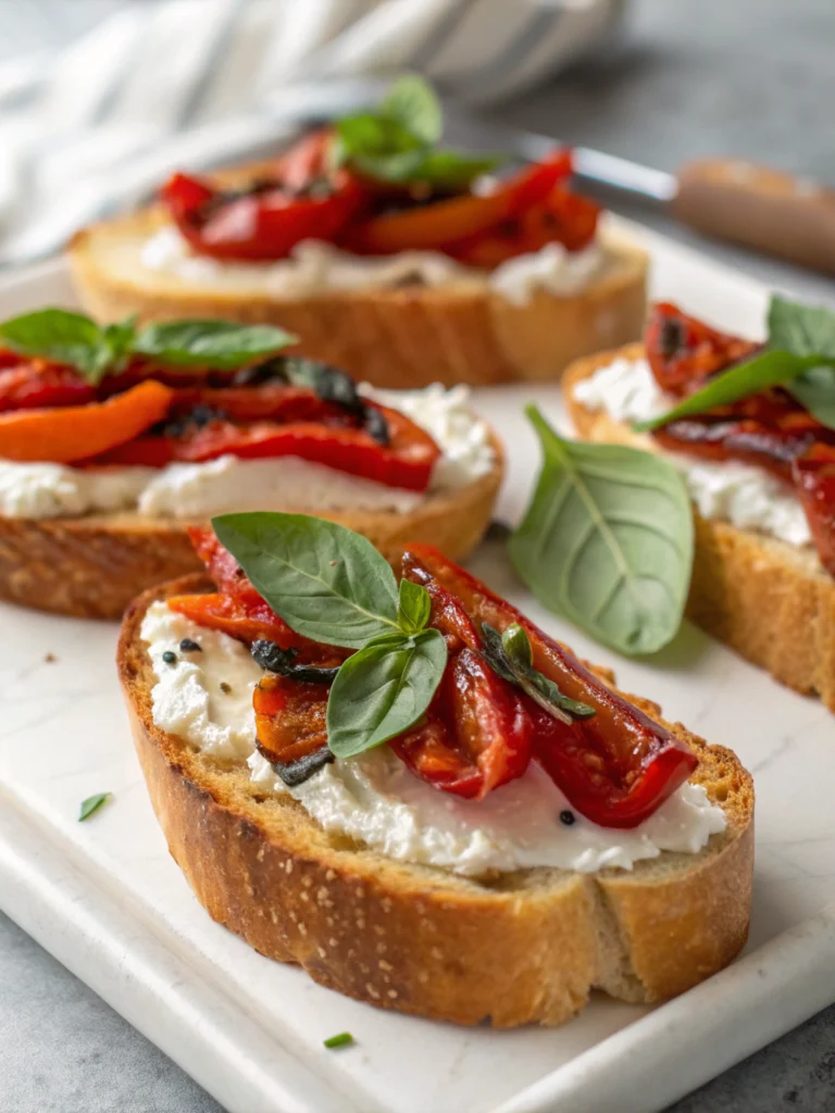 Crostini with goat cheese, roasted pepper & basil