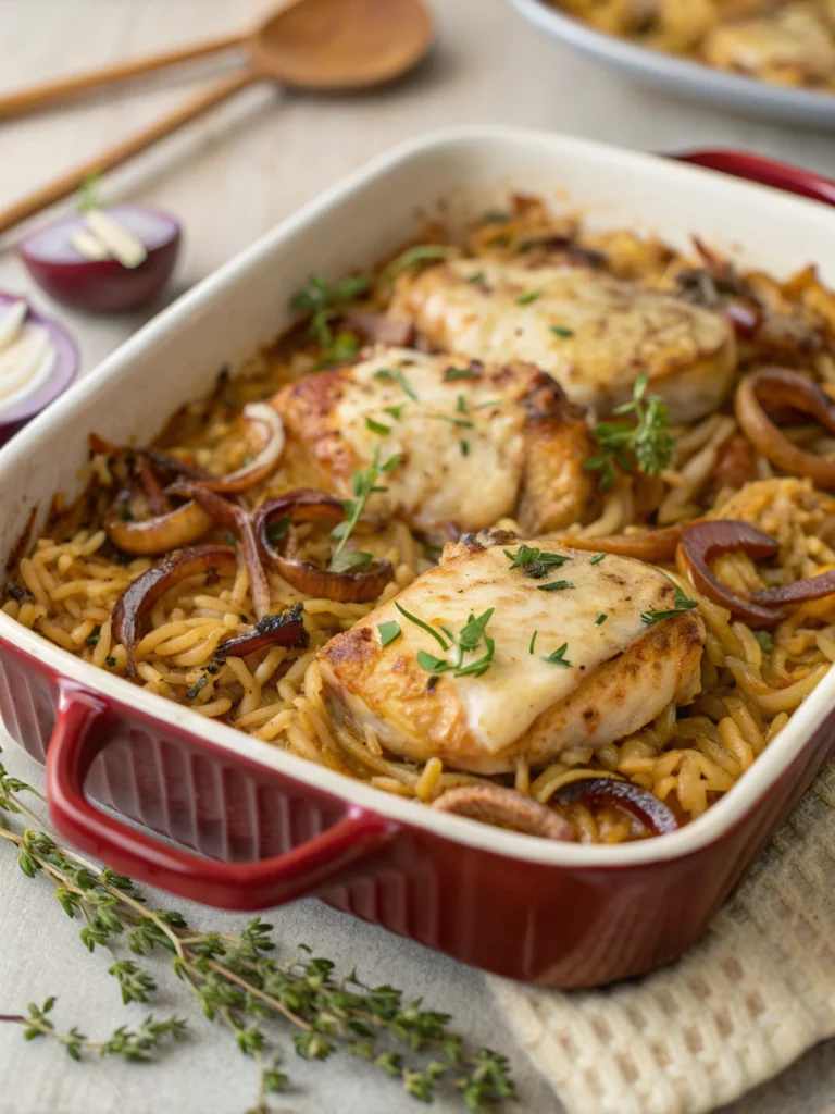 French Onion Chicken Orzo Casserole