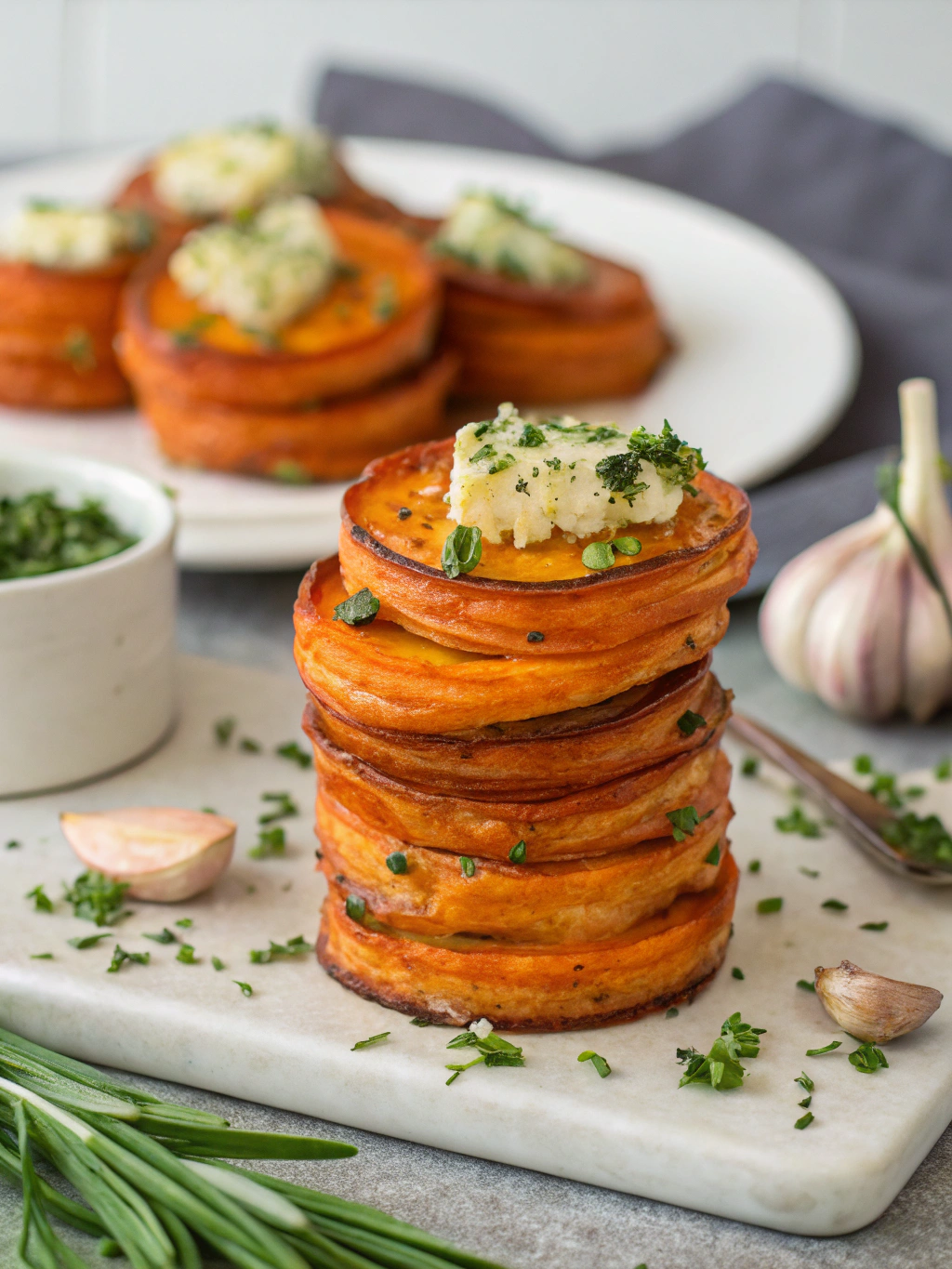 Garlic Butter Sweet Potato Stacks