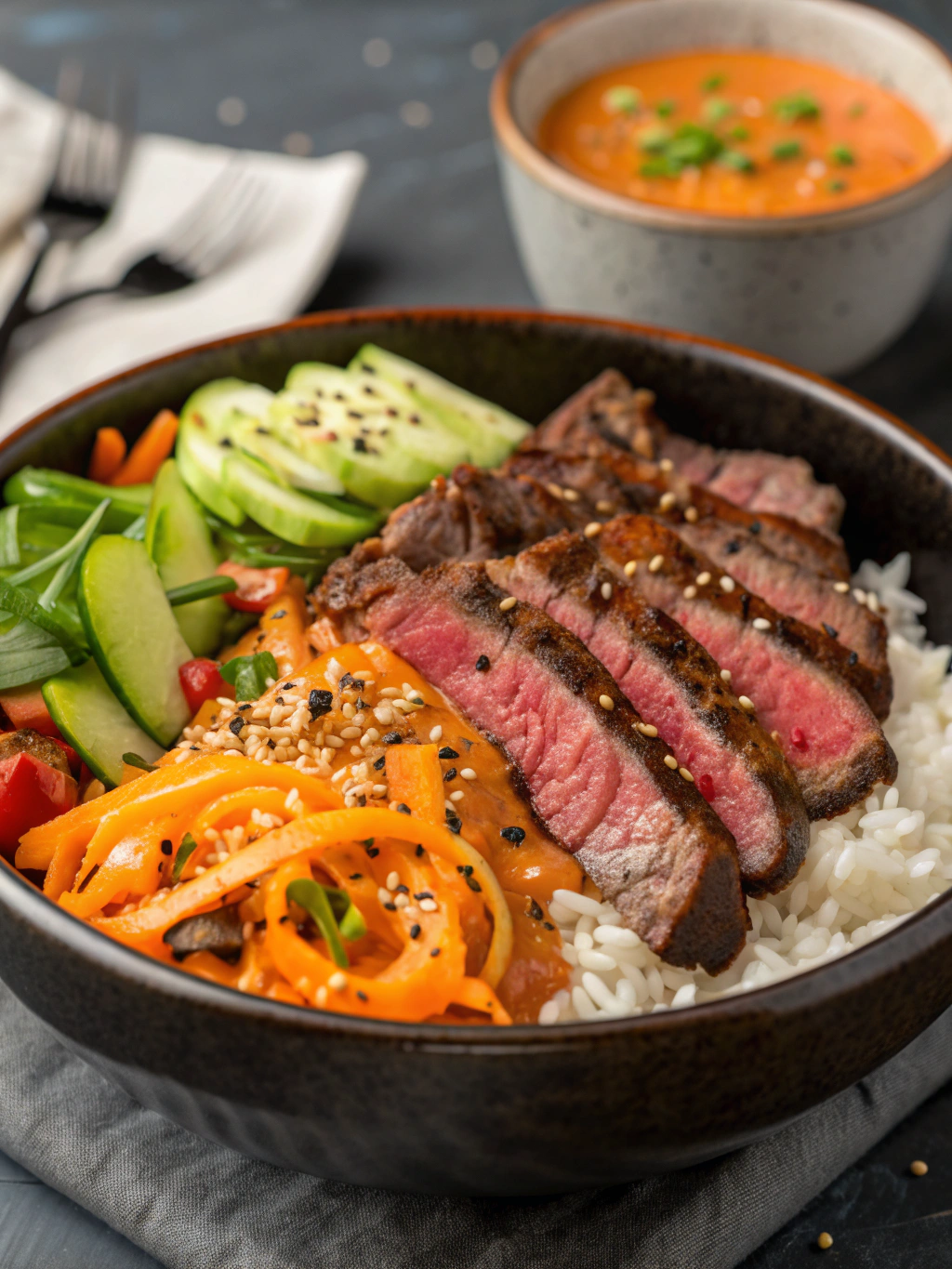 Korean BBQ Steak Rice Bowls with Spicy Cream Sauce
