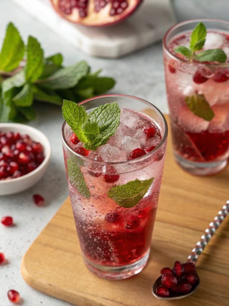 Non-alcoholic sparkling pomegranate drink with mint
