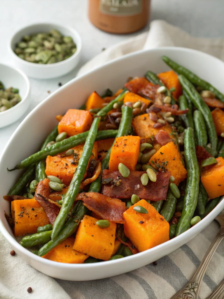Roasted Green Beans and Butternut Squash with Bacon and Pumpkin Seeds