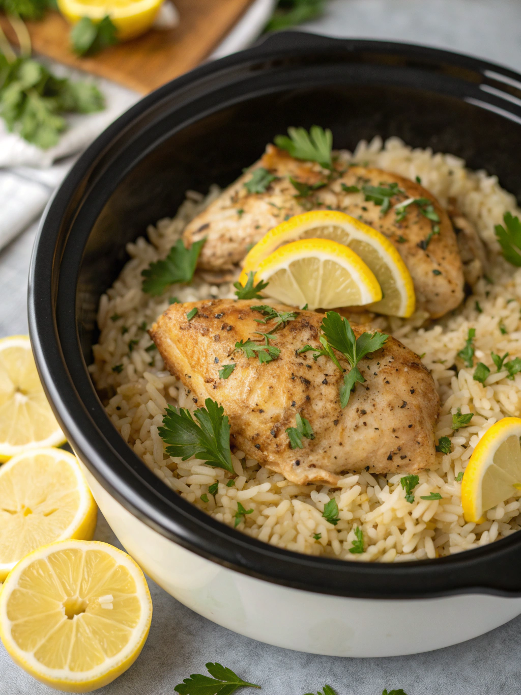 Slow Cooker Lemon Herb Chicken and Rice
