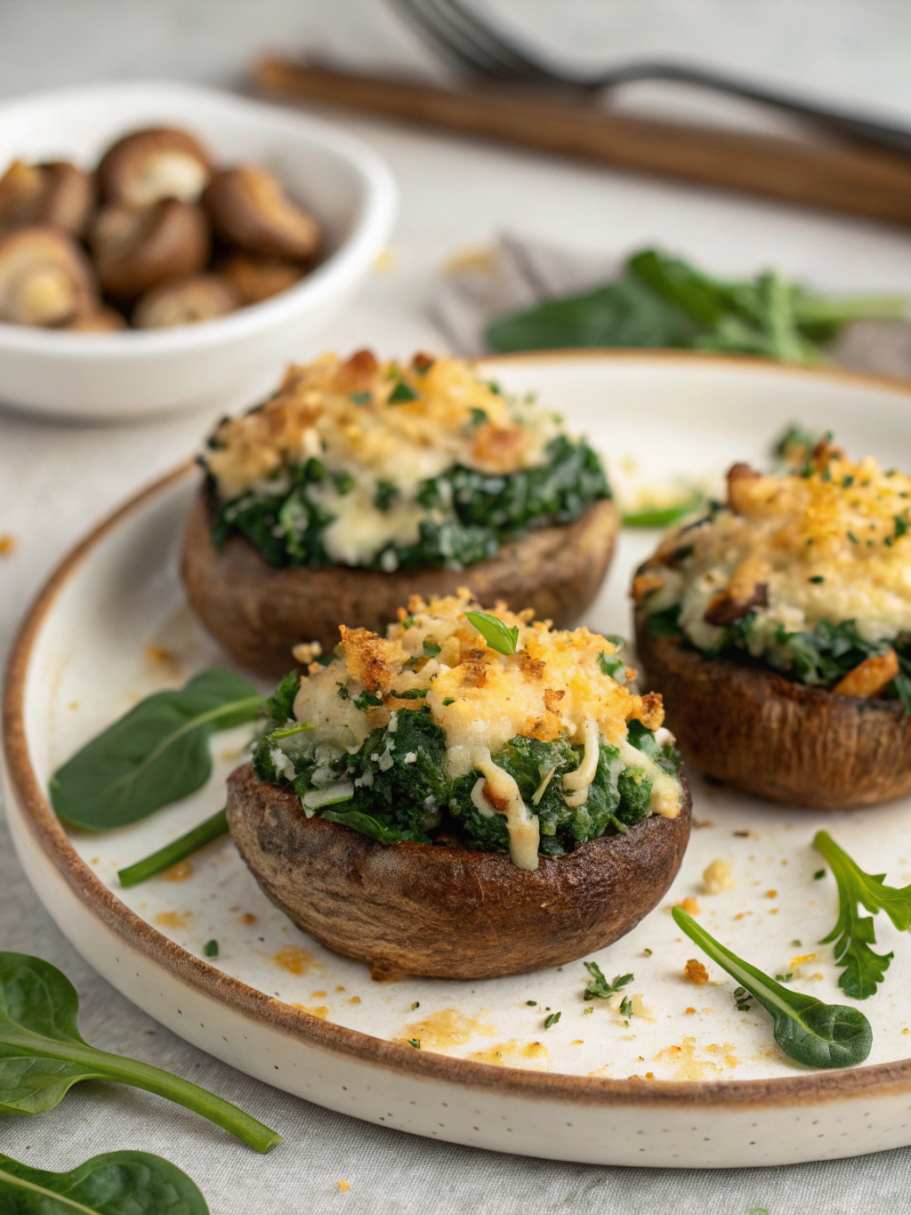 Stuffed Mushrooms with Spinach, Cheese, and Breadcrumbs