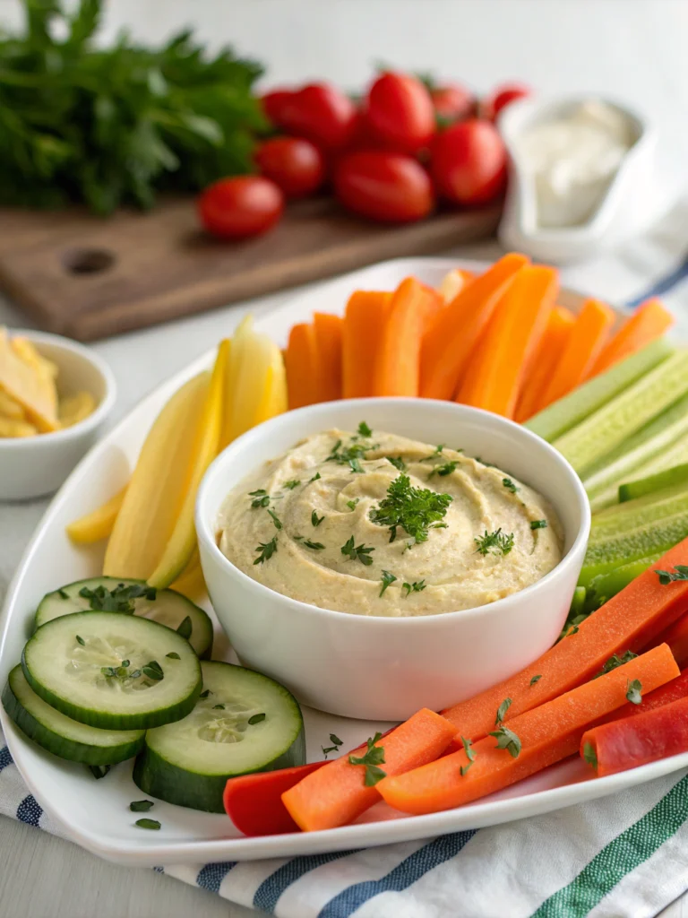 Vegetable crudités with a creamy dip (hummus+herbs)