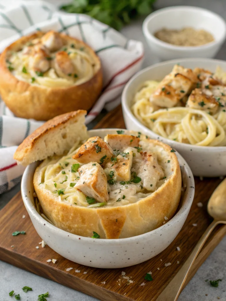 Chicken Alfredo Garlic Bread Bowls