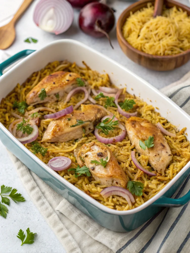 French Onion Chicken Orzo Casserole