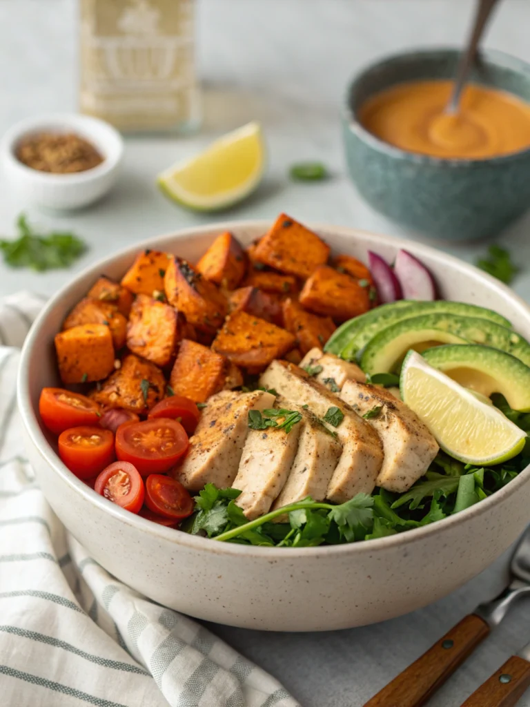 Maple Dijon Chicken Bowl with Roasted Sweet Potatoes & Veggies