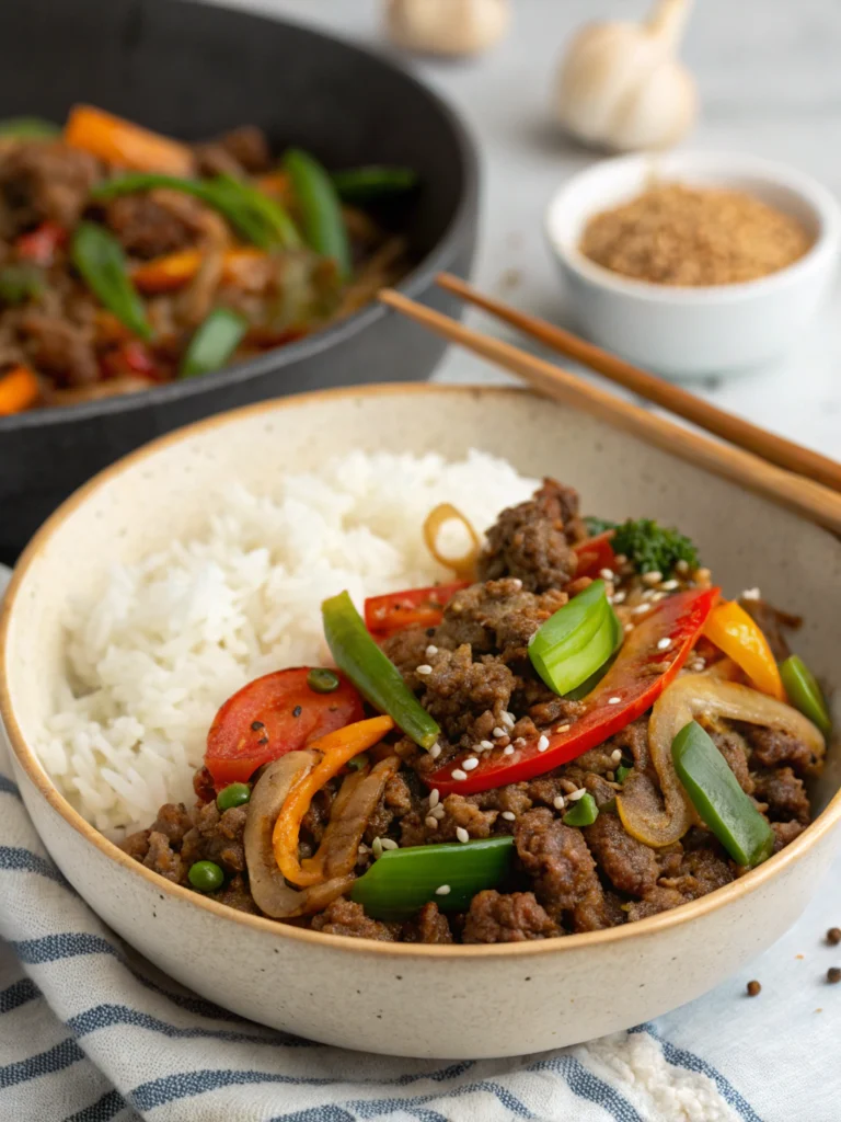 Spicy Ground Beef Stir-Fry Bowl with Garlic Veggies & Steamy Rice