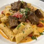 Cajun Steak Tips in Cheesy Rigatoni Parmesan Sauce
