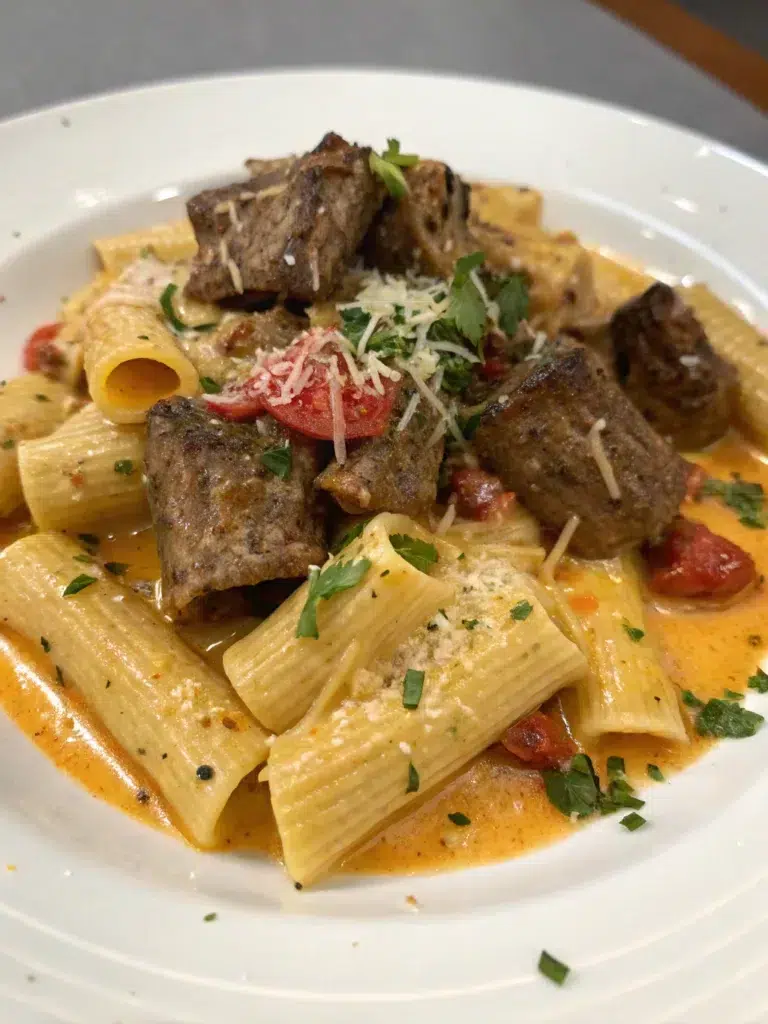 Cajun Steak Tips in Cheesy Rigatoni Parmesan Sauce