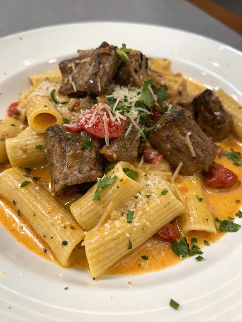 Cajun Steak Tips in Cheesy Rigatoni Parmesan Sauce
