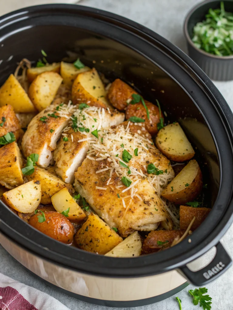 Cozy Garlic Parmesan Crockpot Chicken & Potatoes