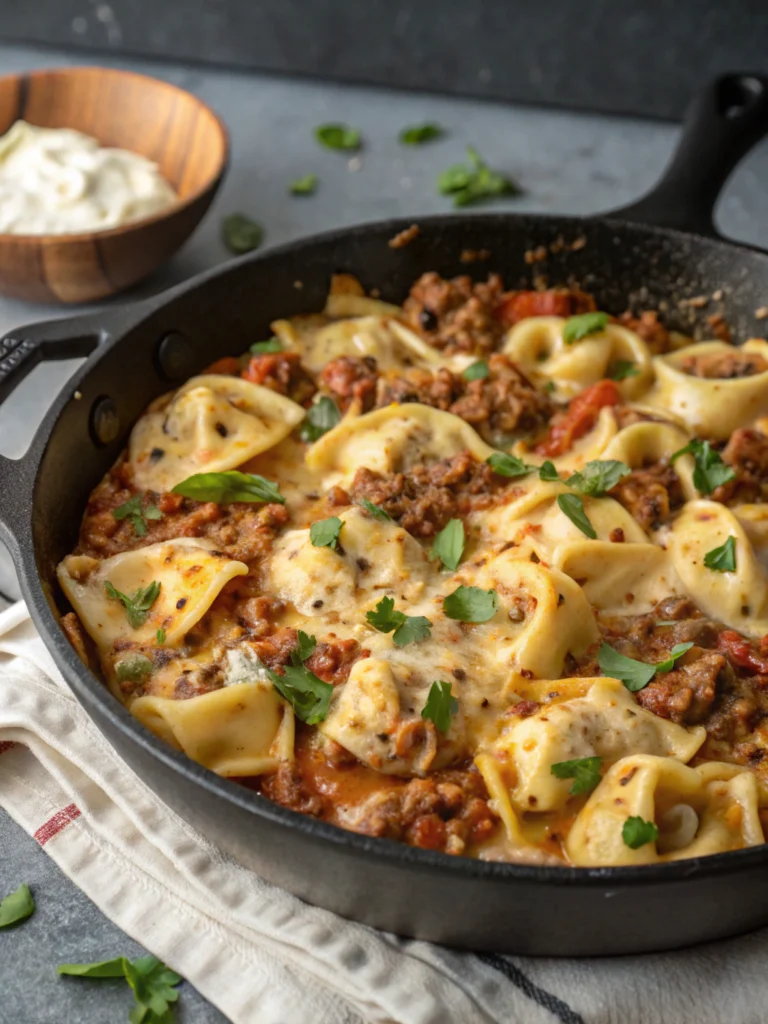 Creamy Tortellini Skillet With Spicy Ground Meat
