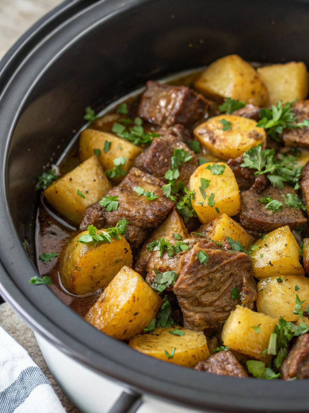 Crockpot Garlic Butter Beef Bites with Potatoes