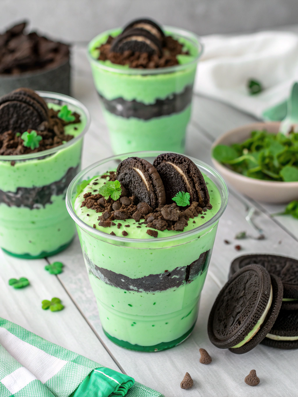 How to Make Easy St Patricks Day Pudding Cups with Mint and Oreo Layers 3 Pudding Cups