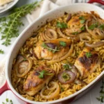 French Onion Chicken Orzo Casserole