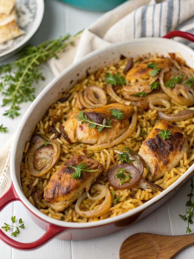 French Onion Chicken Orzo Casserole