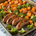 Honey Garlic Sheet Pan Sausage and Sweet Potatoes with Broccoli