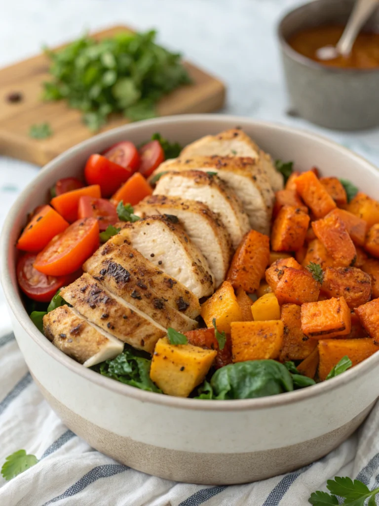 Maple Dijon Chicken Bowl with Roasted Sweet Potatoes & Veggies